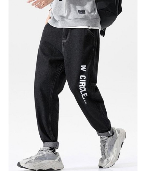 Letters Print Zipper Fly Tapered Jeans