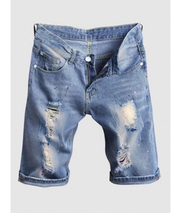 Splash Paint Pattern Destroyed Denim Sho...