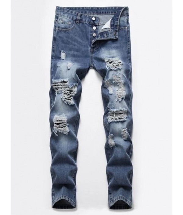 Destroyed Ripped Button Fly Skinny Jeans