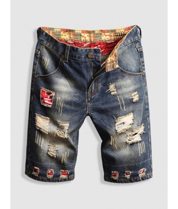 Patchwork Design Destroyed Denim Shorts