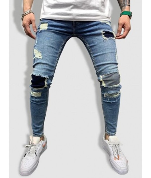Ripped Patch Zipper Casual Jeans