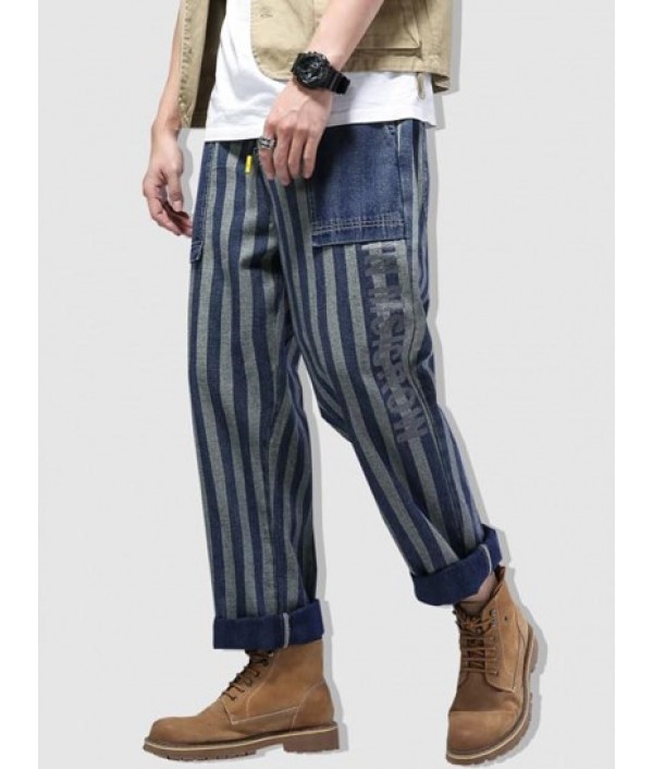 Striped Letters Print Straight Leg Jeans