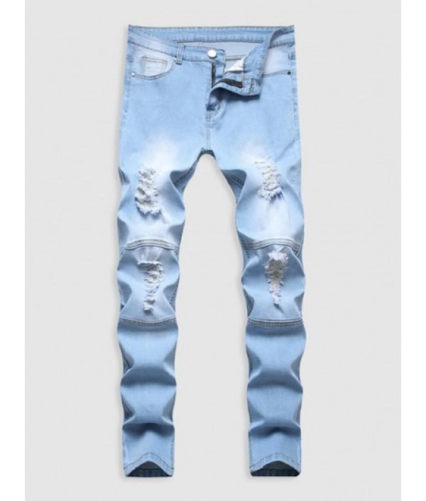 Zipper Ripped Pockets Button Casual Jean...