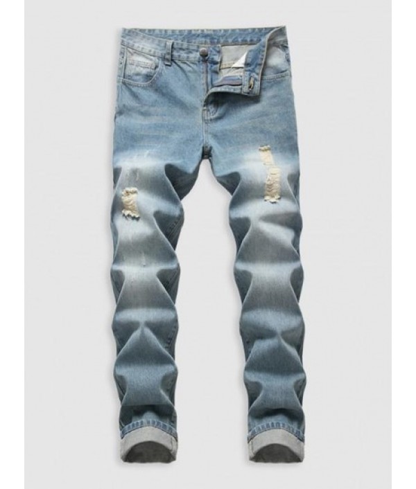 Zipper Fly Pockets Ripped Casual Jeans
