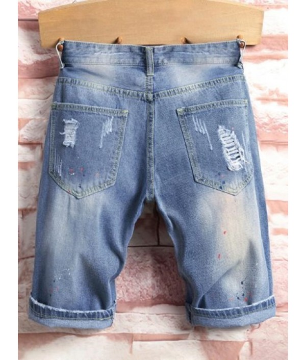 Splash Paint Pattern Destroyed Denim Shorts