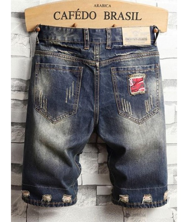 Patchwork Design Destroyed Denim Shorts