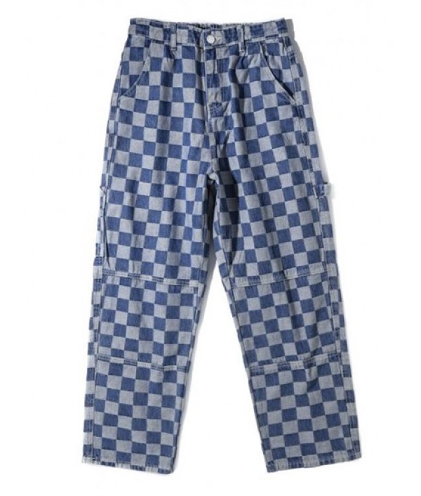 Y2K Aesthetic Checkerboard Print Straight Leg Carpenter Jeans