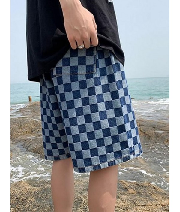 Checkerboard Pattern Drawstring Denim Shorts