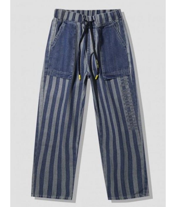 Striped Letters Print Straight Leg Jeans