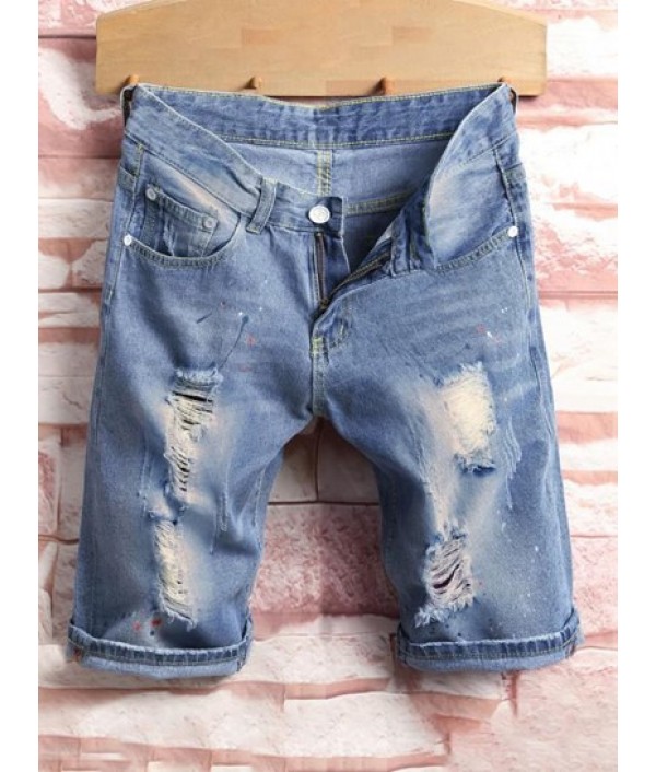 Splash Paint Pattern Destroyed Denim Shorts
