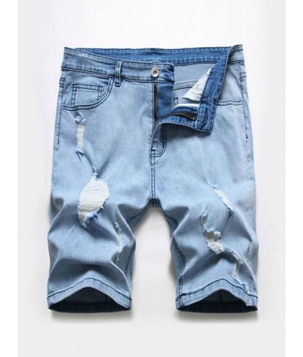 Zipper Fly Distressed Denim Shorts