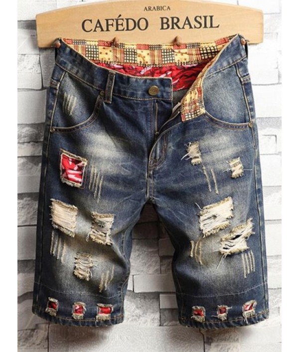 Patchwork Design Destroyed Denim Shorts