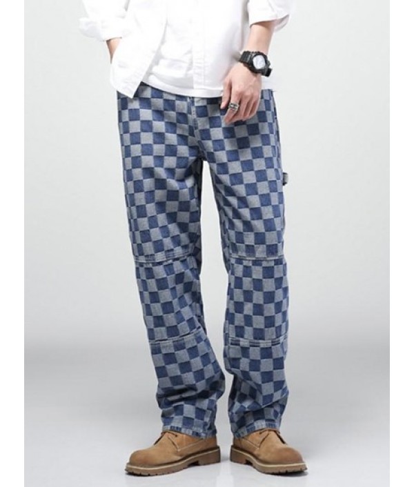 Y2K Aesthetic Checkerboard Print Straight Leg Carpenter Jeans