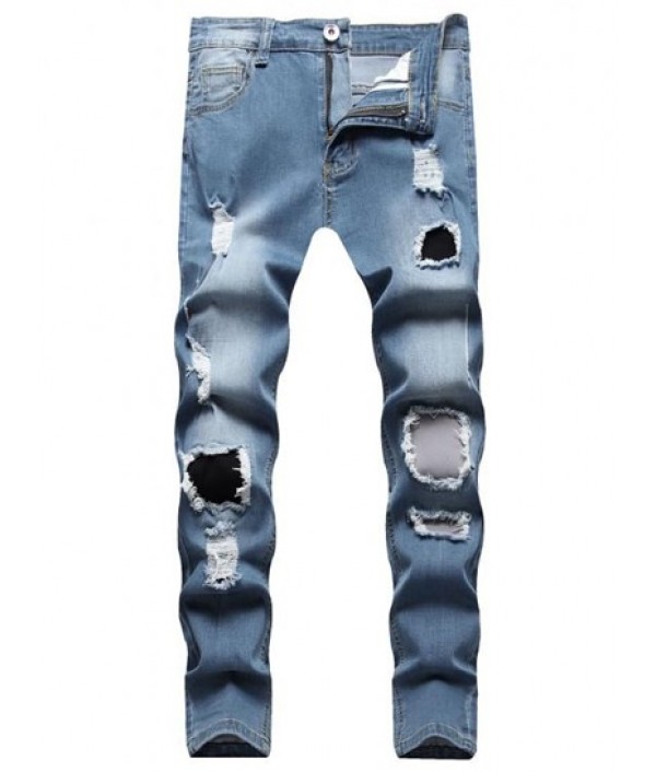 Ripped Patch Zipper Casual Jeans