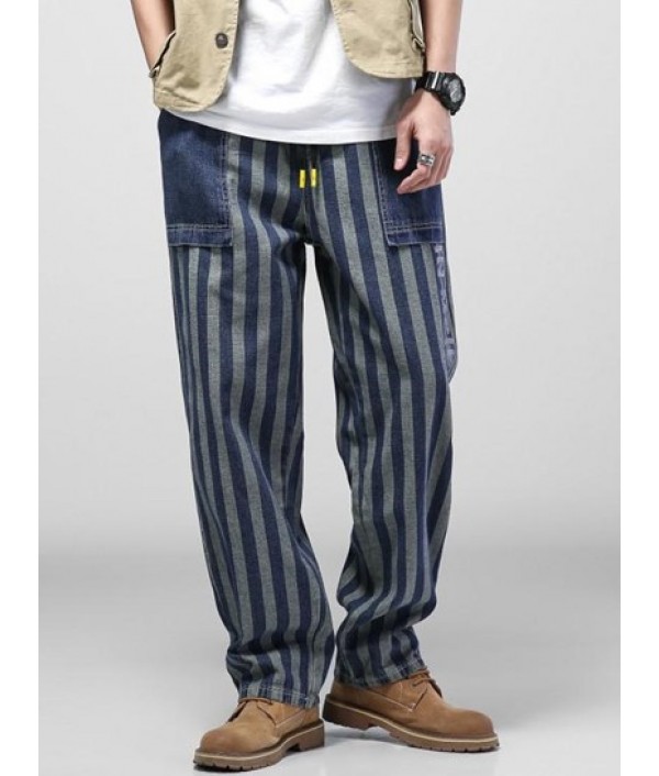 Striped Letters Print Straight Leg Jeans