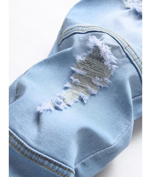 Zipper Ripped Pockets Button Casual Jeans