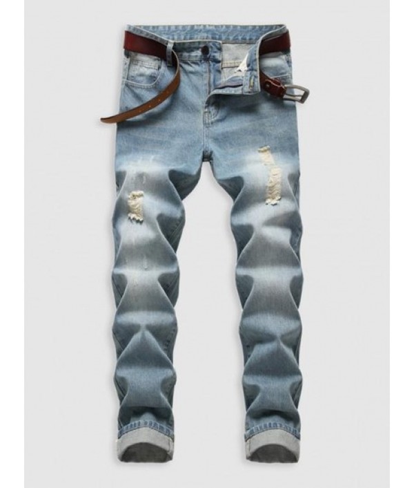 Zipper Fly Pockets Ripped Casual Jeans