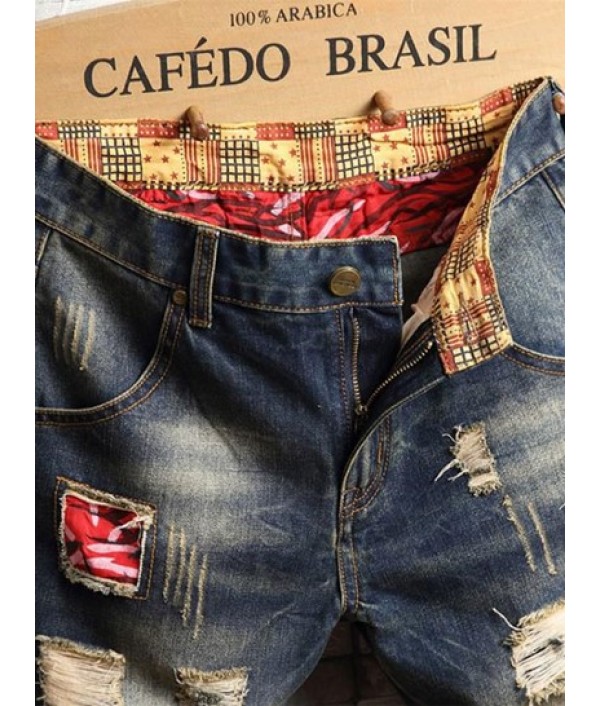 Patchwork Design Destroyed Denim Shorts