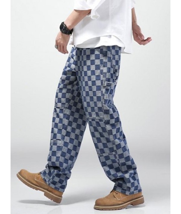 Y2K Aesthetic Checkerboard Print Straight Leg Carpenter Jeans