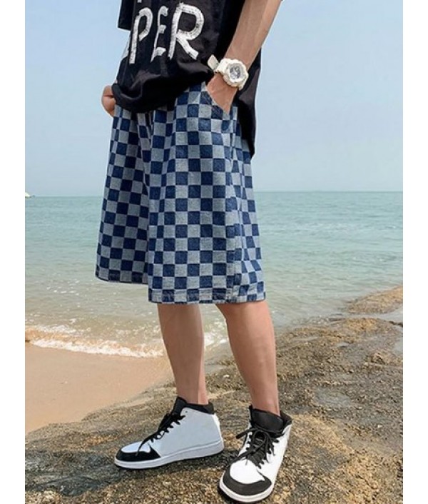 Checkerboard Pattern Drawstring Denim Shorts