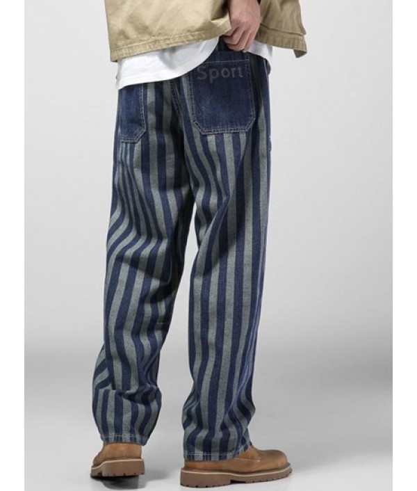 Striped Letters Print Straight Leg Jeans
