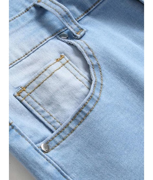 Zipper Ripped Pockets Button Casual Jeans