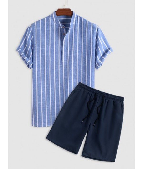 Men's Half Buttoned Casual Vertical Stri...