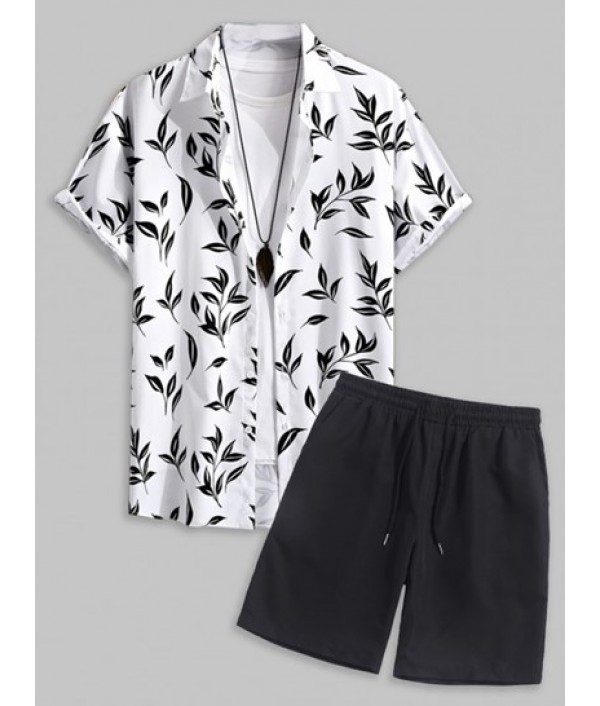 Men's Beach Monochrome Leaf Print Button...