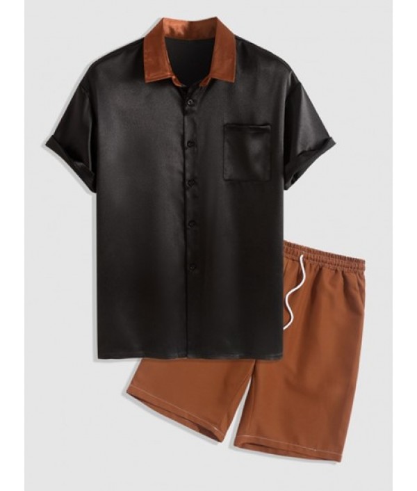 Silky Colorblock Pocket Shirt And Basic Shorts Set