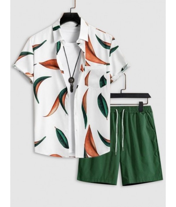 Men's Leaves Pattern Button Front Short ...