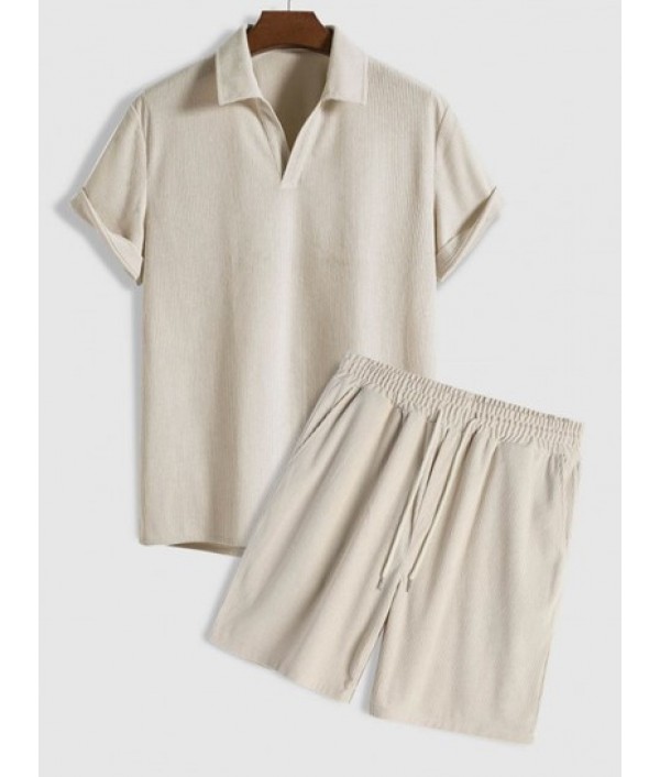 Men's V Neck Collared Corduroy Textured ...