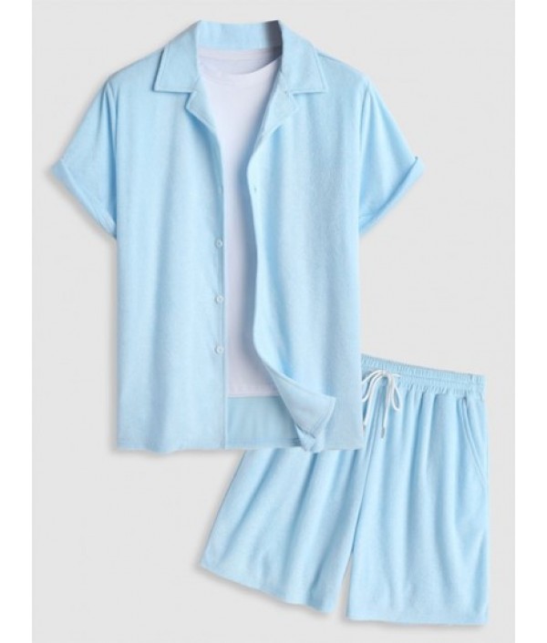 Men's Solid Color Lapel Collar Terry Clo...