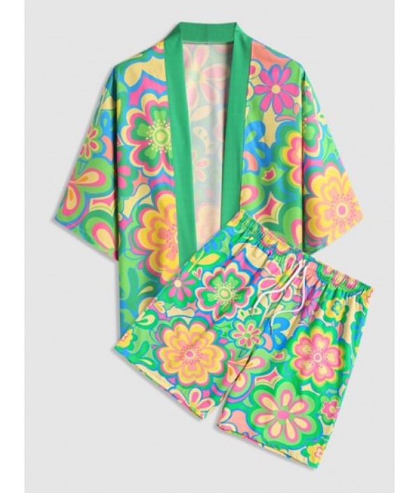 Colorful Floral Pattern Open Front Kimon...