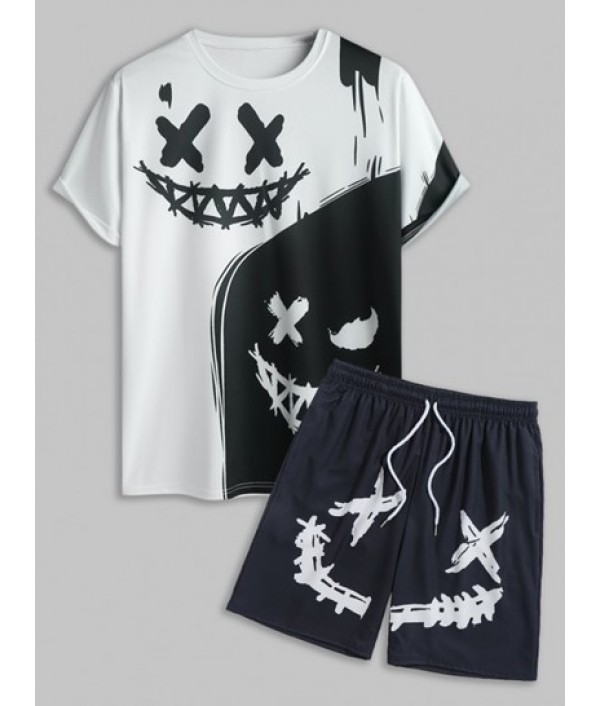 Men's Evil Smile Face Print Colorblock T...