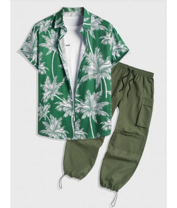 Coconut Tree Print Short Sleeve Hawaiian...