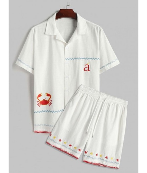 Fish Crab Marine Life Embroidery Short Sleeves Shirt With Shorts Beach Vacation Two Piece Set