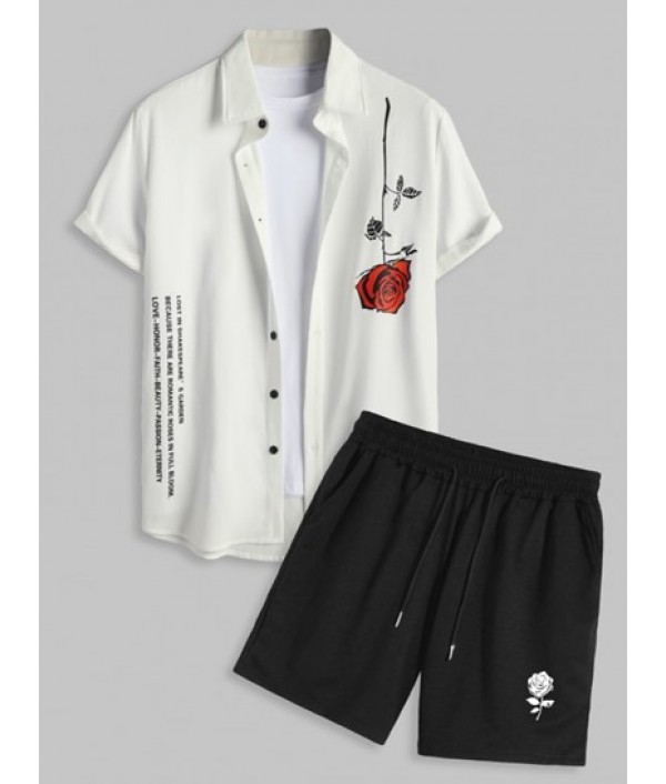 Men's Streetwear Slogan Rose Pattern Sho...