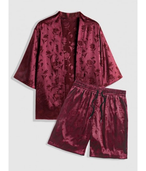 Men's Two Piece Outfits Silky Satin Rose...