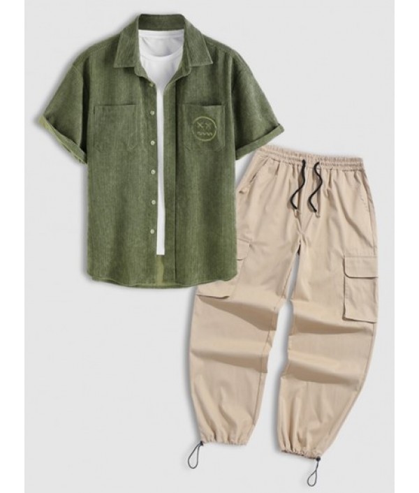 Smile Face Embroidered Pocket Corduroy S...