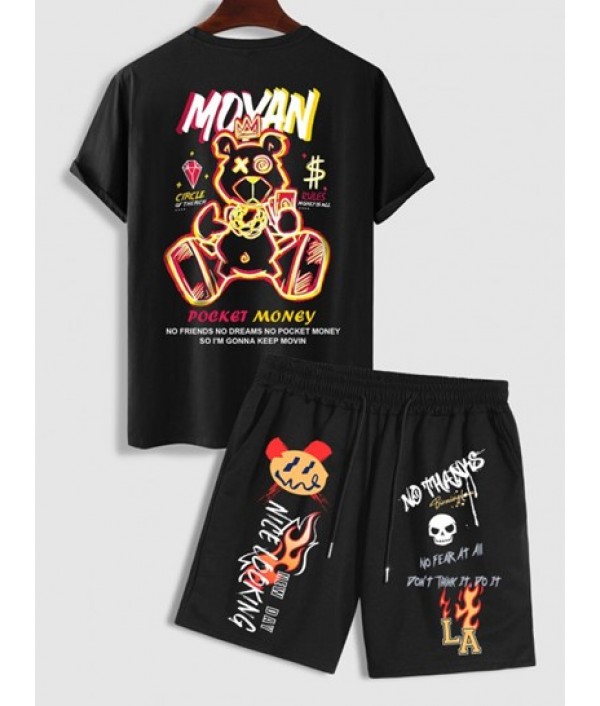 Cartoon Bear POCKET MONEY Graphic Tee And Sweat Shorts Set