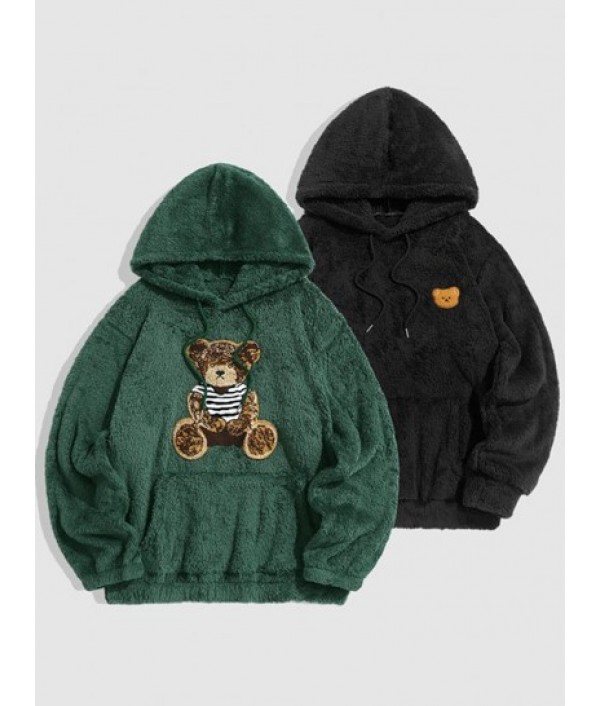 2Pcs Bear Terry Embroidered Pullover Fluffy Faux Fur Teddy Hoodies