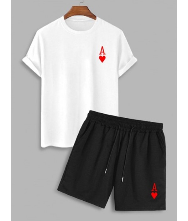 100% Cotton Playing Card Heart A Print Short Sleeves T Shirt And Shorts Set