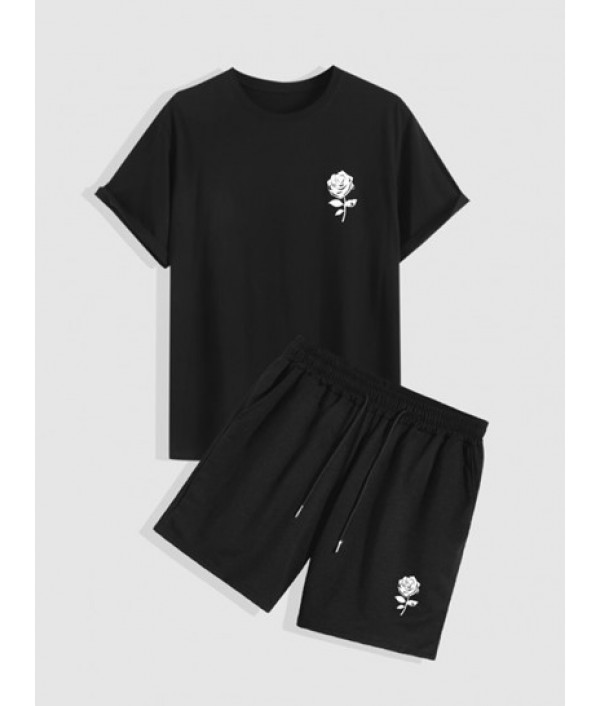 Drawstring Shorts And Rose Print Short Sleeve T Shirt Set