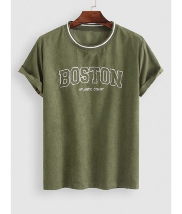 Men's Corduroy BOSTON ATLANTIC COAST Embroidery Blokecore Short Sleeves Pullover Tee And Embroidered Drawstring Shorts Set Men's Corduroy BOSTON ATLANTIC COAST Embroidery Blokecore Short Sleeves Pullover Tee And Embroidered Drawstring Shorts Set