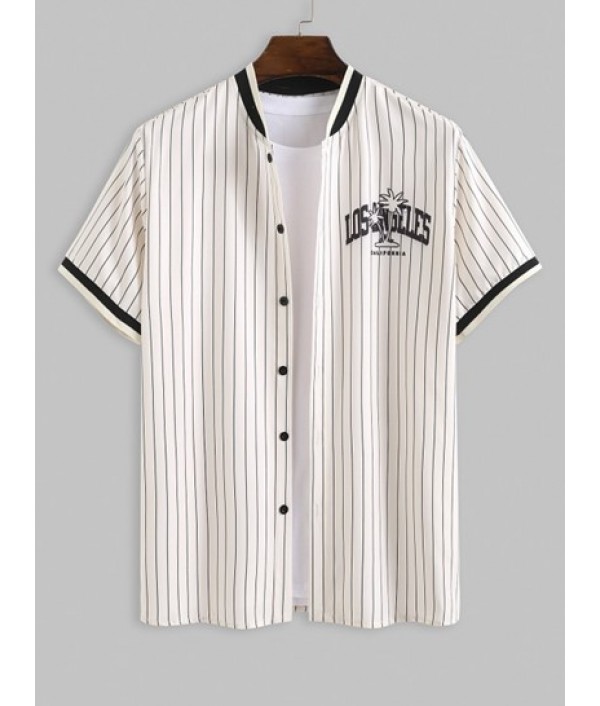 Men's Vertical Stripes LOS ANGELES Letter Coconut Tree Pattern Short Sleeves Button Front Baseball Shirt And Drawstring Board Shorts Vacation Hawaiian Beach Set Men's Vertical Stripes LOS ANGELES Letter Coconut Tree Pattern Short Sleeves Button Front Baseball Shirt And Drawstring Board Shorts Vacation Hawaiian Beach Set