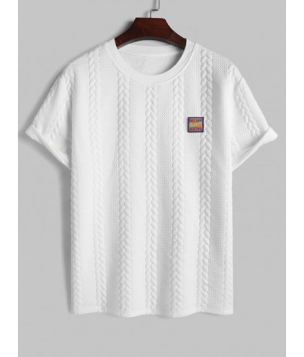 Men's Patched Design Bubble Twisted Striped Jacquard Crew Neck Short Sleeves T-shirt And Drawstring Sports Casual Shorts Set