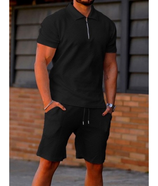 Geometric Jacquard Textured Polo Collar T-shirt And Shorts Sports Set Geometric Jacquard Textured Polo Collar T-shirt And Shorts Sports Set