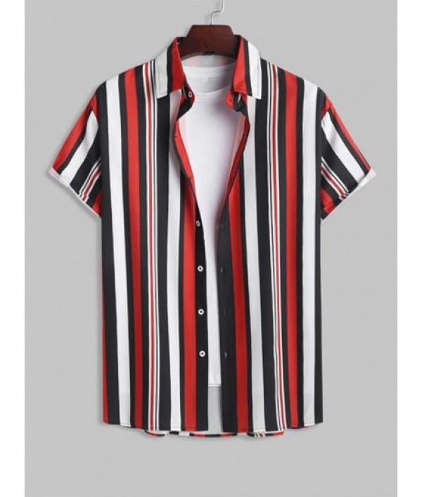 Men's Casaul Colorblock Vertical Striped Pattern Button Front Short Sleeves Beach Shirt And Basic Casual Shorts Set