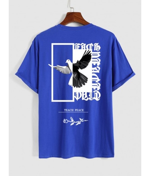 Men's Eagle Letter Rose Graphic Pattern Short Sleeves T-shirt And Striped Pattern Sport Sweat Shorts Set