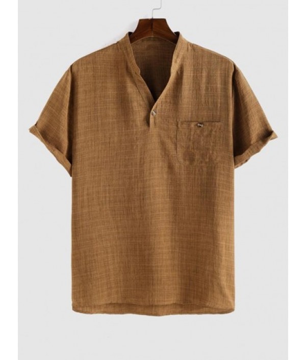 Men's Casual Plain Color Front Pocket Notch Neck Short Sleeves Pullover Shirt And Beading Drawstring Vertical Striped Vacation Ramie Pants Set